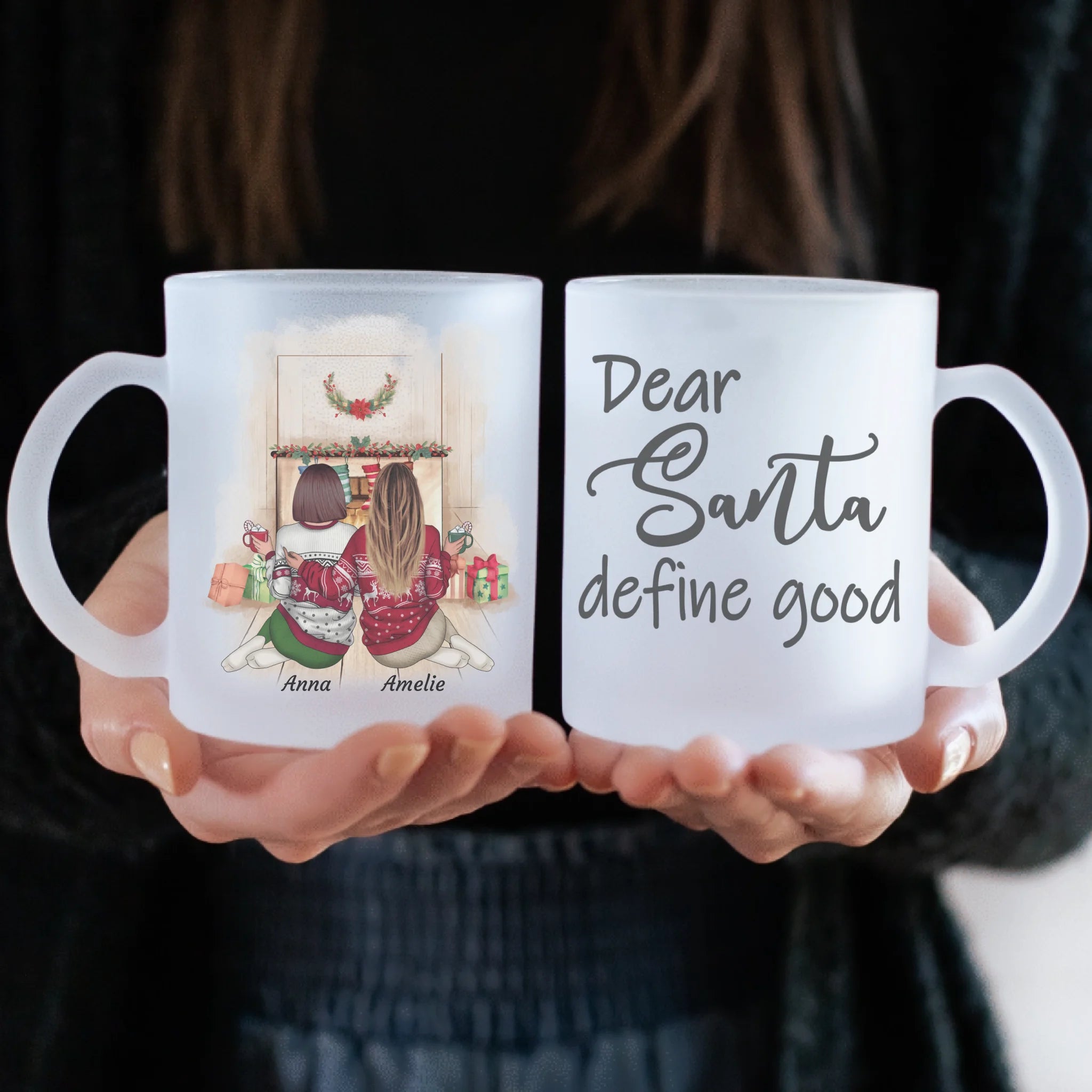 Amies assises devant la cheminée (édition limitée de Noël)) - mug personnalisé en verre dépoli